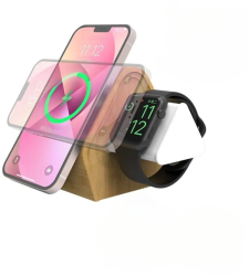 Incarcator Wireless din Bambus 3 in1 pentru Iphone Apple Watch si AirPods 