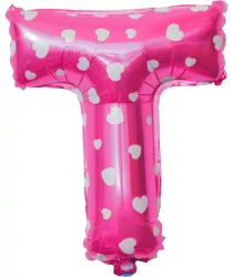 Balon Folie Metalizata Litera T Flippy 40 cm Cu Imprimeu Inimioare Umflati cu Heliu sau Aer Ambalaj Individual Pai inclus Roz 