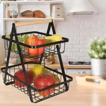 Cos de fructe cu doua etaje pliabil lemn + metal culoare neagra 