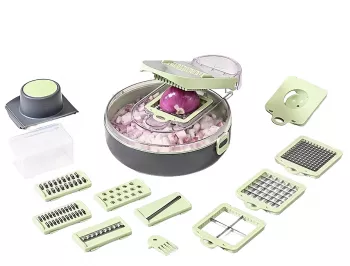 Feliator Multifunctional Flippy Razatoare 8 in 1 pentru Fructe si Legume 12 Piese Lame de Inox Recipient Stocare Separator Oua Prot 