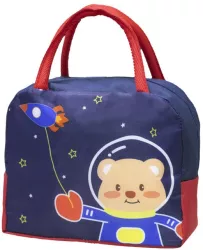 Geanta Termoizolanta pentru Copii Flippy 23x13x19 cm Model Imprimeu Ursulet Astronaut din Folie de Aluminiu si Panza Oxford Albastru/Ro 