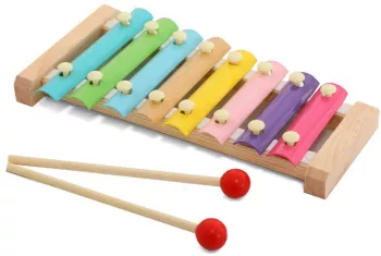 Instrument Muzical Xilofon din Lemn 8 Note Muzicale 2 Bete de Percutie 4-6 Ani Multicolor Pastel 