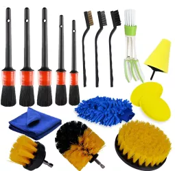 Set 17 Accesorii pentru Curatare Auto Flippy Interior si Exterior 4 Capete pentru Bormasina 5 Pensule 3 Perii 1 Laveta 1 Manusa 1 Pe 
