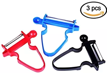 Set 3 Accesorii de Decojire Razuire si Feliere Flippy pentru Legume si Fructe Negru-Rosu-Albastru 