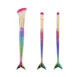 Set 3 Pensule pentru Machiaj Flippy in Forma de Sirena Electroplacate Detalii Fine Maner Ergonomic Peri din Fibra Moale Multicolor 