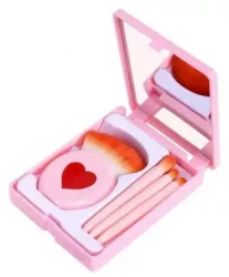 Set 4 Mini Pensule de Machiaj Flippy Portabile in Carcasa cu Oglinda din Par Sintetic Moale Roz Model cu Inima 12x7x2.5 cm 