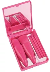 Set 5 Mini Pensule de Machiaj Flippy Portabile in Carcasa cu Oglinda din Par Sintetic Moale Fucsia 12x7x2.5 cm 