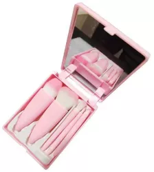 Set 5 Mini Pensule de Machiaj Flippy Portabile in Carcasa cu Oglinda din Par Sintetic Moale Roz 12x7x2.5 cm 