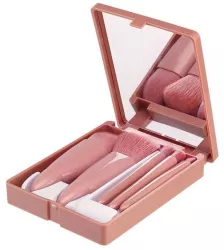 Set 5 Mini Pensule de Machiaj Flippy Portabile in Carcasa cu Oglinda din Par Sintetic Moale Roz Pastel 12x7x2.5 cm 