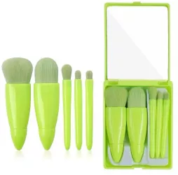 Set 5 Mini Pensule de Machiaj Flippy Portabile in Carcasa cu Oglinda din Par Sintetic Moale Verde Lime 12x7x2.5 cm 