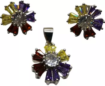 Set Argint 925 Flori Multicolore cu Mijloc Alb Model 1 