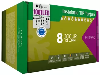 Instalatie Craciun Turturi IP44 35 m 1001 Led-uri Perdea Franjurata Albastru 8 jocuri de lumini Transformator 31 V Putere 9 W Inter 