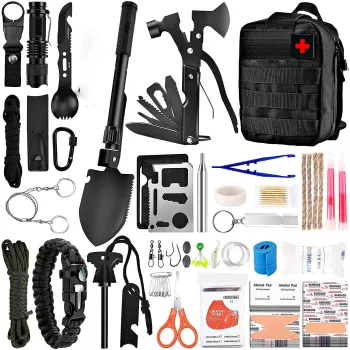Kit supravietuire multifuncional Flippy 42 de Instrumente Profesionale Echipament de prim-ajutor Drumetie Camping Negru