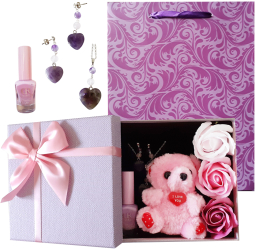 Pachet cadou cu bijuterii handmade din Ametist si Quart Roz Trandafiri parfumati lac de unghii ursulet de plus cutie si punga de cadou