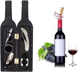Set Cadou Accesorii Vin in forma de Sticla 6in1 culoare Neagra 