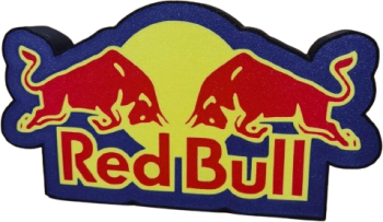 Caseta luminoasa LED realizata cu ajutorul tehnologiei FDM ilustrand logo-ul Red Bull 