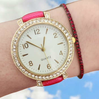 Set ceas casual de dama cu bratara inclusa mecanism quartz display analog curea roz lacuit inchidere catarama 