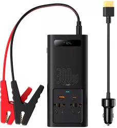 Invertor pentru Masina USB Type-C CN/EU 220V 300W + Cleme si Cablu 12V - Baseus CGNB010101 - Black 