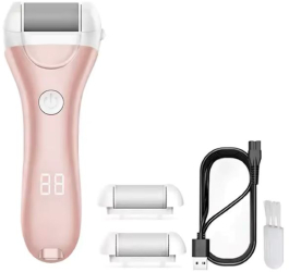 Pila profesionala electrica pentru talpi si calcaie afisaj LED acumulator 2 viteze 2000 rot/min 3 capete incluse incarcare USB roz 