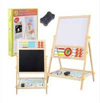 Jucarie Educativa Tabla Magnetica din Lemn 2in1 2 Fete Abac Ceas + Accesorii 