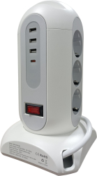 Prelungitor Vertical cu 4 USB 1 Type-C Fast Charger si 9 Prize Cablu Retractabil 1.8 M Protectie la supratensiune Alb