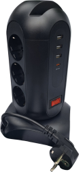 Prelungitor Vertical cu 4 USB 1 Type-C Fast Charger si 9 Prize Cablu Retractabil 1.8 M Protectie la supratensiune Negru