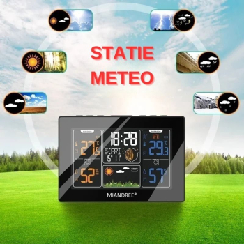 Statie Meteo Digitala MIANDREE® cu Senzor Extern Prognoza Meteo Temperatura Umiditate Ceas Alarma Afisaj Color Alimentare USB 