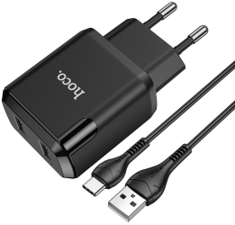 Incarcator de Retea 2xUSB-A 10W 2.1A + Cablu Type-C 1m I442 Negru 