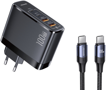 Incarcator de Retea 2xUSB-C GaN 100W 2xUSB-A QC 3.0 + Cablu Type-C 1.2m I314 Negru