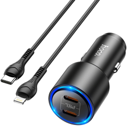 Incarcator pentru Masina 2xUSB Type-C QC 3.0 PD 40W 3A + Cablu Compatibili Lightning 1m I380 Negru 