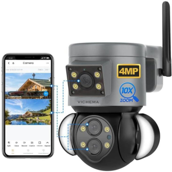 Camera de supraveghere WIFI VICHEMA Tech® 4K UltraHD 4MP+4MP interior/exterior IR Night Vision 10X Zoom Digital Smart Light Detect