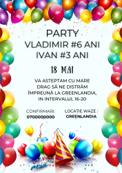 10 invitatii pentru Aniversare copii cu plic inclus tematica Baloane Colorate personalizabil 