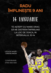 10 invitatii pentru Aniversare copii cu plic inclus tematica Baschet Lakers personalizabil 