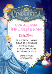 10 invitatii pentru Aniversare copii cu plic inclus tematica Cenusareasa personalizabil 