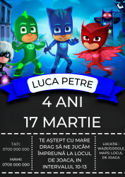 10 invitatii pentru Aniversare copii cu plic inclus tematica Eroi in Pijamale personalizabil