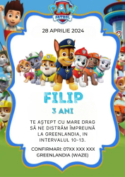 10 invitatii pentru Aniversare copii cu plic inclus tematica Paw Patrol personalizabil