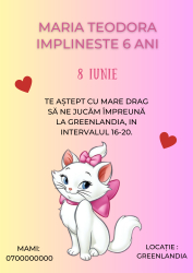 10 invitatii pentru Aniversare copii cu plic inclus tematica Pisicile Aristocrate personalizabil 