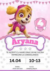 10 invitatii pentru Aniversare copii cu plic inclus tematica Skye personalizabil 