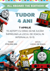 10 invitatii pentru Aniversare copii cu plic inclus tematica Trenuletul Thomas personalizabil 