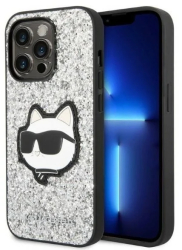 Husa pentru iPhone 14 Pro - Karl Lagerfeld Hardcase Glitter KLHCP14LG2CPS - Silver Choupette Patch 