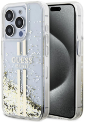 Husa pentru iPhone 15 Pro - Guess Liquid Glitter Gold Stripes GUHCP15LLFCSEGT - Transparent 