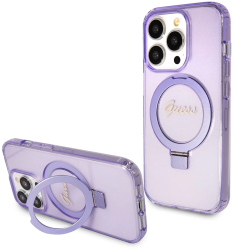 Husa pentru iPhone 15 Pro - Guess Ring Stand Script Glitter MagSafe GUHMP15LHRSGSU - Purple 