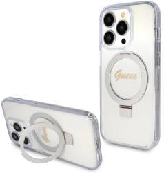 Husa pentru iPhone 15 Pro Max - Guess Ring Stand Script Glitter MagSafe GUHMP15XHRSGSD - Clear 