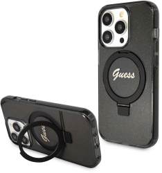 Husa pentru iPhone 15 Pro Max - Guess Ring Stand Script Glitter MagSafe GUHMP15XHRSGSK - Black 