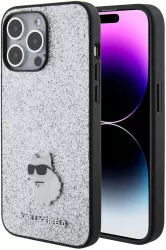 Husa pentru iPhone 15 Pro Max - Karl Lagerfeld Hardcase Glitter Fixed KLHCP15XGCNPSG - Silver Choupette Logo 