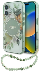 Husa pentru iPhone 16 - Guess IML Flowers with Pearl Strap MagSafe GUHMP16SHFWBRCESN - Green 