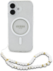 Husa pentru iPhone 16 - Guess IML Glitter with Pearl Strap MagSafe GUHMP16SHGCRELST - Clear 