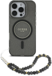 Husa pentru iPhone 16 Pro - Guess IML Glitter with Pearl Strap MagSafe GUHMP16LHGCRELSK - Black 