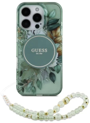 Husa pentru iPhone 16 Pro Max - Guess IML Flowers with Pearl Strap MagSafe GUHMP16XHFWBRCESN - Green