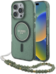 Husa pentru iPhone 16 Pro Max - Guess IML Glitter with Pearl Strap MagSafe GUHMP16XHGCRELSA - Green 